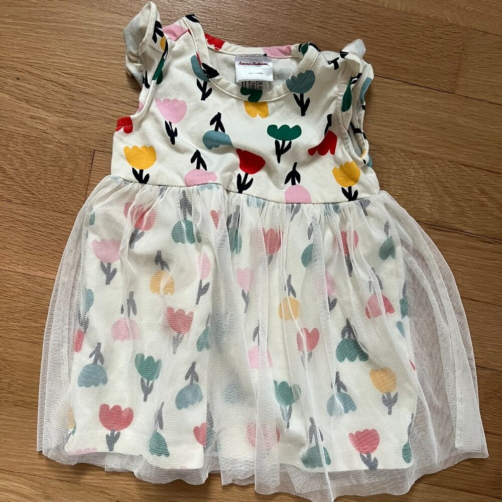 Hanna Andersson White Dress with Pink, Yellow, Red, Green and Teal Tulips